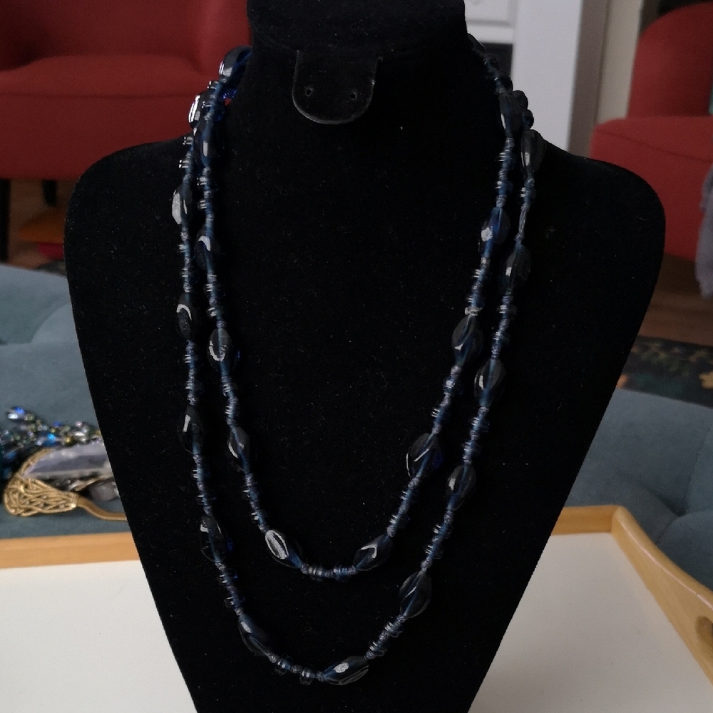 Gorgeous Artisan Cobalt Blue Glass Beaded Handknotted Necklace Extra Long Estate